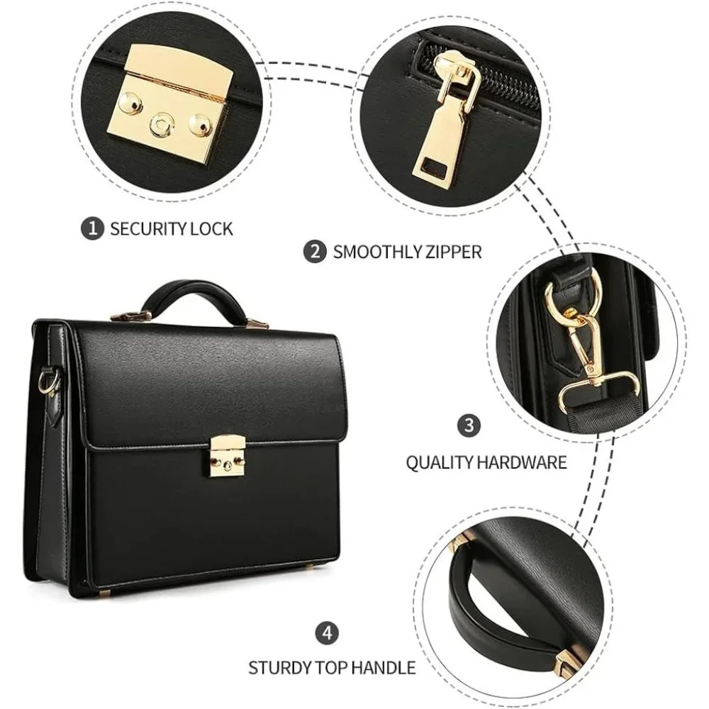 Men's Black Leather Locking Briefcases Laptop Bag